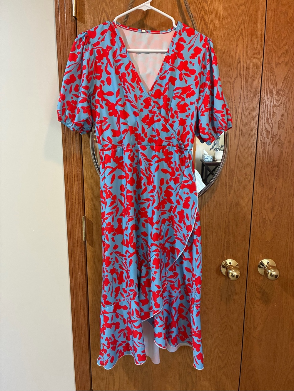 Blue & Red Floral Wrap Midi Dress - Women